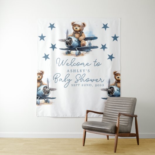 Teddy Bear Vliegtuig Baby shower Achtergrond Wandkleed (In situ)