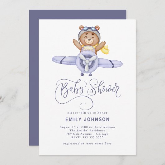 Teddy Bear Vliegtuig Baby shower Uitnodiging (Voorkant / Achterkant)