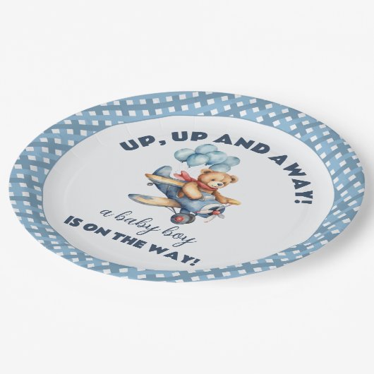 Teddy Bear Vliegtuig Ballonnen Jongen Baby shower Papieren Bordje (Gekanteld)