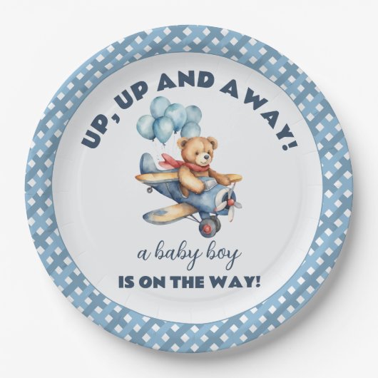 Teddy Bear Vliegtuig Ballonnen Jongen Baby shower Papieren Bordje (Voorkant)