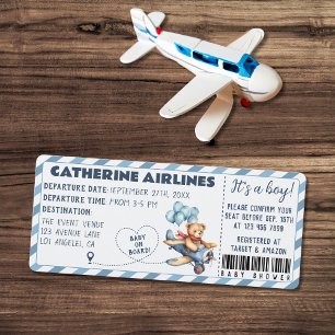 Teddy Bear Vliegtuig Boarding Pass Boy Baby shower Kaart