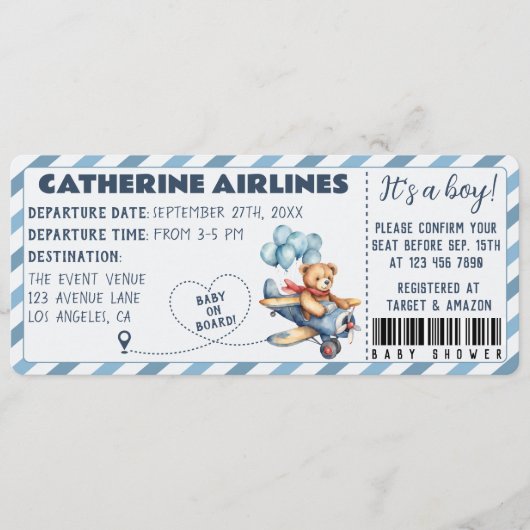 Teddy Bear Vliegtuig Boarding Pass Boy Baby shower Kaart (Voorkant)