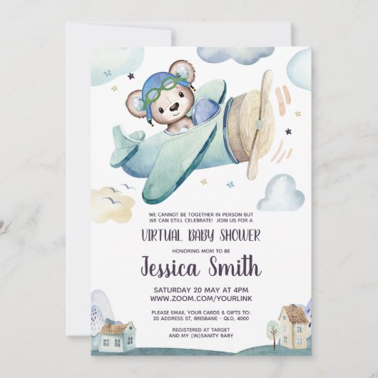 Teddy Bear-vliegtuig | Virtueel Baby shower Kaart (Voorkant)