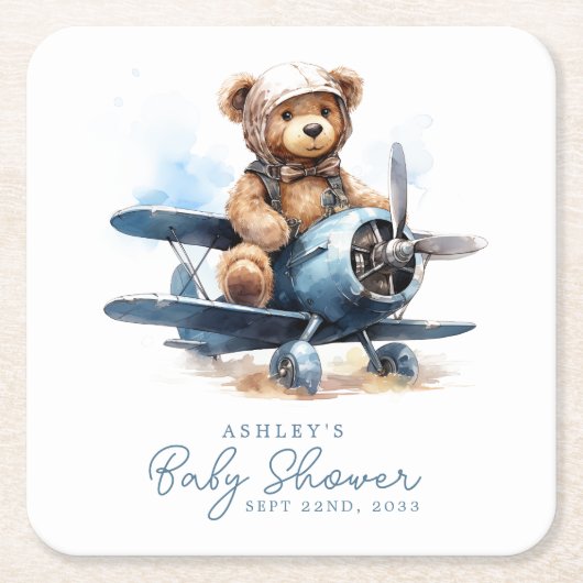 Teddy Bear Vliegtuig Waterverf Boy Baby shower Kartonnen Onderzetters (Voorkant)