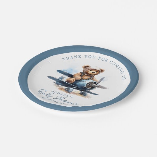 Teddy Bear Vliegtuig Waterverf Boy Baby shower Papieren Bordje (Gekanteld)