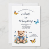 Teddy Bear Vlinders Baby Jongen 1e Verjaardagsfees Kaart (Voorkant)