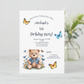 Teddy Bear Vlinders Baby Jongen 1e Verjaardagsfees Kaart (Staand voorkant)