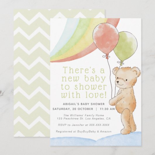 Teddy Bear/w-ballonnen en regenboogBaby shower Kaart (Voorkant / Achterkant)