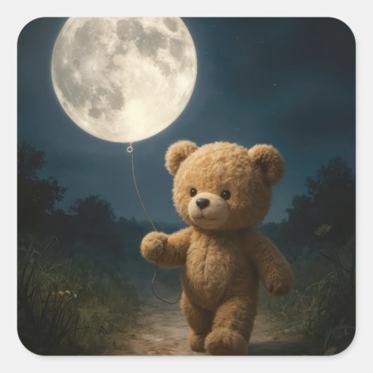 Teddy Bear Walking With a Moon Balloon Vierkante Sticker (Voorkant)