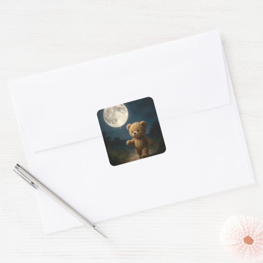 Teddy Bear Walking With a Moon Balloon Vierkante Sticker (Envelop)