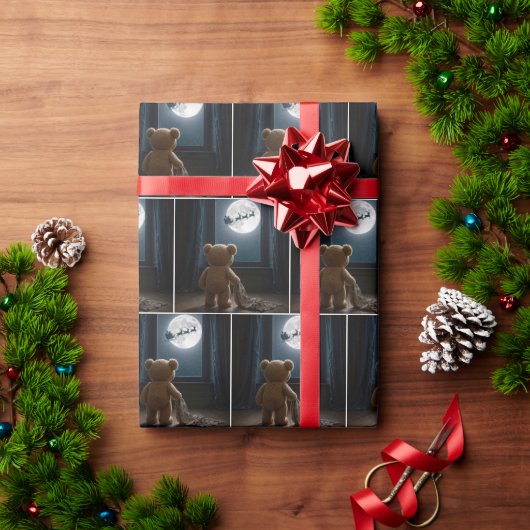 Teddy Bear Watching Santa Claus and Reindeer Cadeaupapier (Feestdagen Geschenken)
