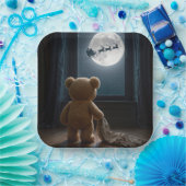 Teddy Bear Watching Santa Claus and Reindeer Papieren Bordje (Feest)