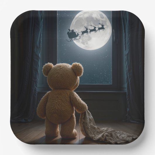 Teddy Bear Watching Santa Claus and Reindeer Papieren Bordje (Voorkant)