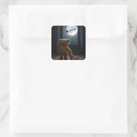 Teddy Bear Watching Santa Claus and Reindeer Vierkante Sticker (Tas)