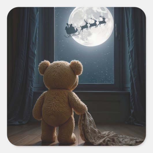 Teddy Bear Watching Santa Claus and Reindeer Vierkante Sticker (Voorkant)