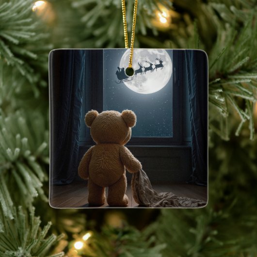 Teddy Bear Watching Santa Claus Keramisch Ornament (Boom)