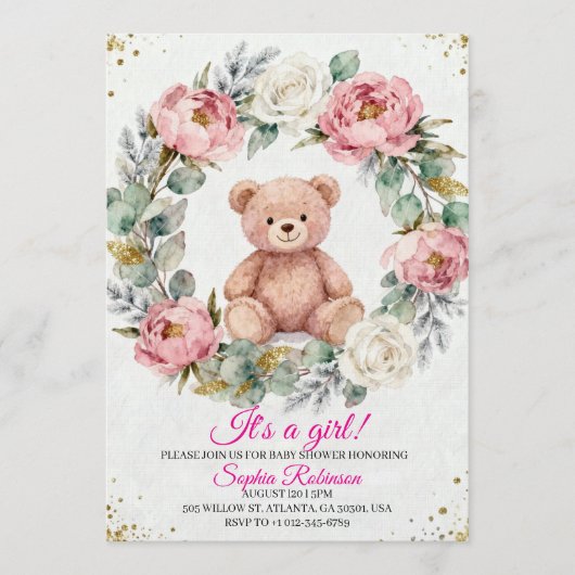 Teddy Bear Watercolor  Baby Shower Invitation Kaart (Voorkant)