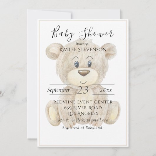 Teddy Bear Waterverf Baby shower Uitnodiging (Voorkant)