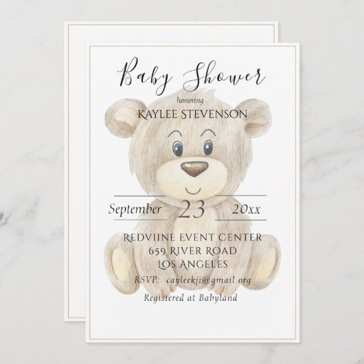 Teddy Bear Waterverf Baby shower Uitnodiging (Voorkant / Achterkant)