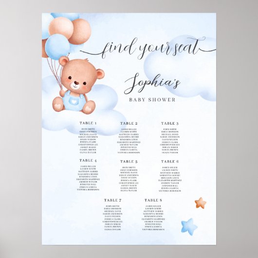 Teddy Bear Waterverf Baby shower Zitkaart Poster (Voorkant)