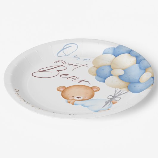 Teddy Bear Waterverf Boy 1e verjaardagsfeestje Papieren Bordje (Gekanteld)