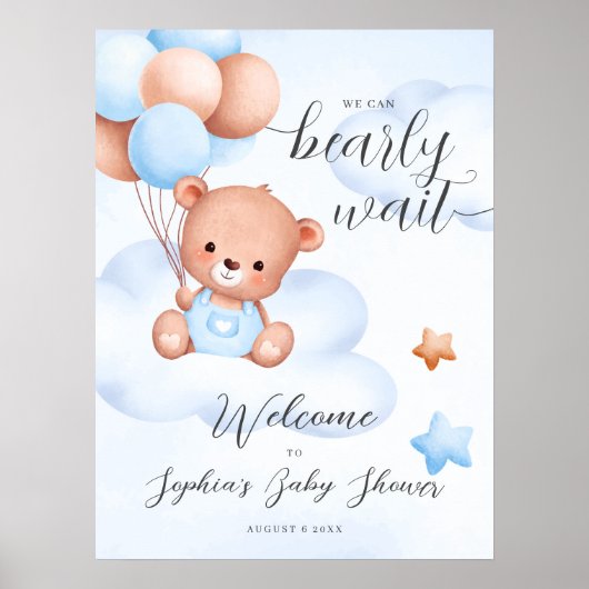 Teddy Bear Waterverf Boy Baby shower Welkomstbord Poster (Voorkant)