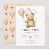 Teddy Bear Waterverf Jongen 1e Verjaardag Kaart (Voorkant / Achterkant)