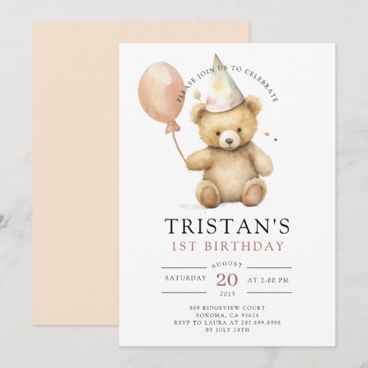 Teddy Bear Waterverf Jongen 1e Verjaardag Kaart (Voorkant / Achterkant)