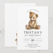 Teddy Bear Waterverf Jongen 1e Verjaardag Kaart (Voorkant / Achterkant)