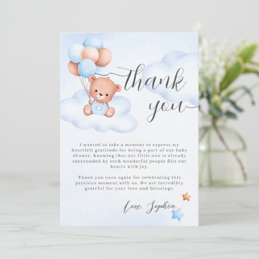 Teddy Bear Waterverf Jongen Baby shower Bedankkaart (Staand voorkant)