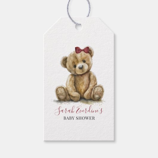 Teddy Bear Waterverf Meisje Baby shower Cadeaulabel (Voorkant)