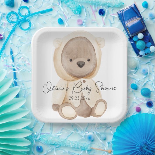 Teddy Bear Waterverf Persoonlijk Baby shower Papieren Bordje (Feest)