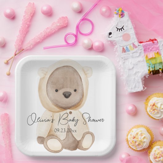 Teddy Bear Waterverf Persoonlijk Baby shower Papieren Bordje (Feest)