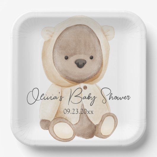 Teddy Bear Waterverf Persoonlijk Baby shower Papieren Bordje (Voorkant)