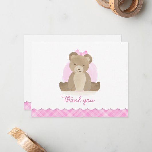 Teddy Bear Waterverf Roze Baby shower Dank u Notitiekaartje (Voorkant / Achterkant in situ)