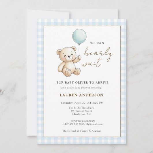 Teddy Bear We can Bearly wait Boy Baby shower Kaart (Voorkant)