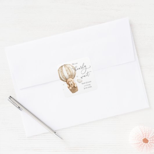 Teddy Bear, we kunnen Baby shower afwachten Vierkante Sticker (Envelop)