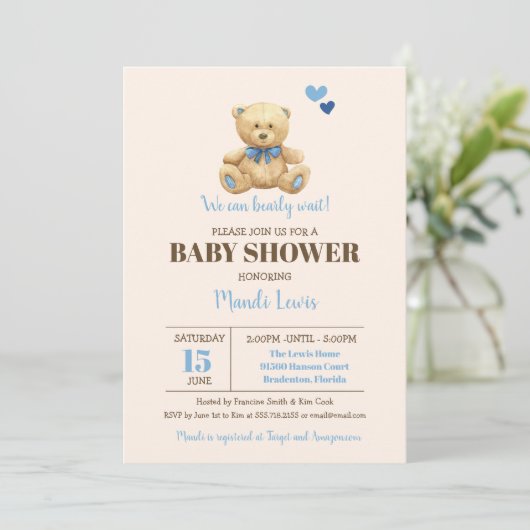 Teddy Bear we kunnen wachten op Baby shower Inv Kaart (Staand voorkant)
