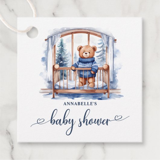 Teddy Bear Winter Boy Baby shower Bedankjes Labels (Voorkant)