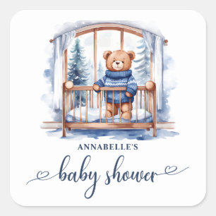 Teddy Bear Winter Boy Baby shower Vierkante Sticker