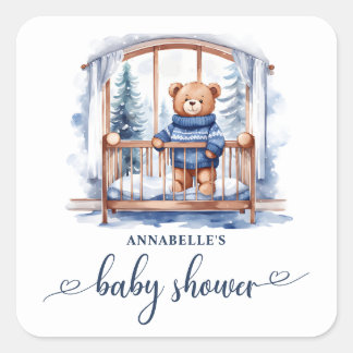 Teddy Bear Winter Boy Baby shower Vierkante Sticker