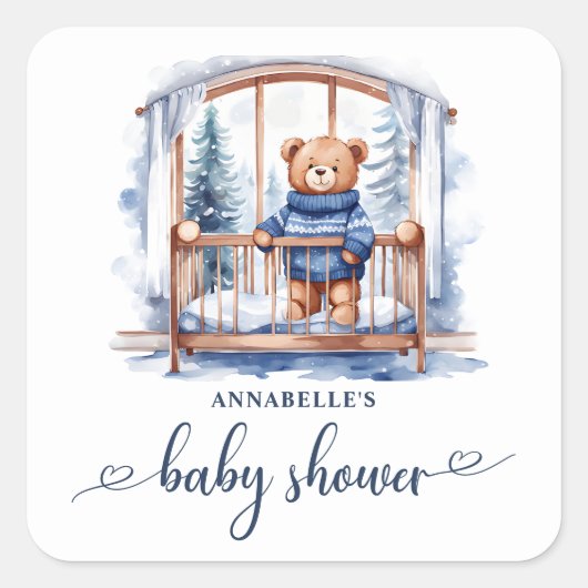 Teddy Bear Winter Boy Baby shower Vierkante Sticker (Voorkant)