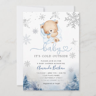 Teddy Bear Winter snowflakes Blue Boy Baby shower  Kaart