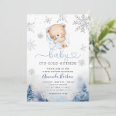Teddy Bear Winter snowflakes Blue Boy Baby shower  Kaart (Staand voorkant)