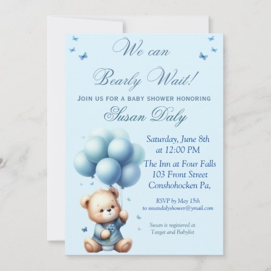 Teddy Bear with balloons baby shower invitation Kaart (Voorkant)
