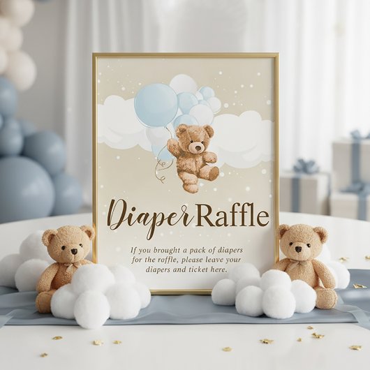 Teddy Bear with Blue Balloons Diaper Raffle Sign Foto Afdruk
