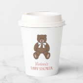 Teddy Bear with Bow and Red Text Name Baby Shower Papieren Bekers (Achterkant)