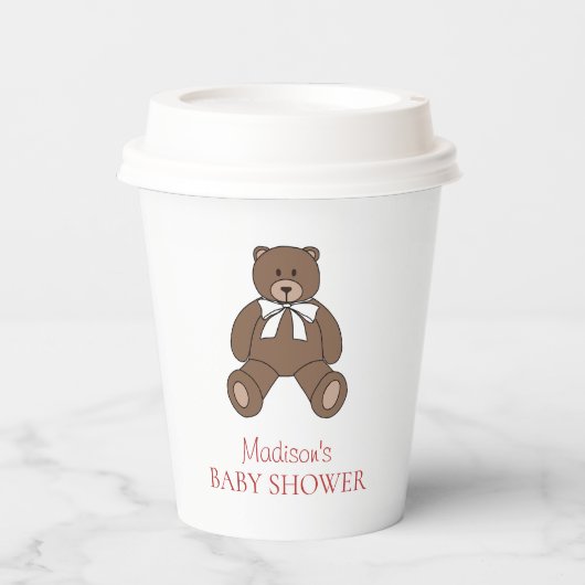 Teddy Bear with Bow and Red Text Name Baby Shower Papieren Bekers (Voorkant)