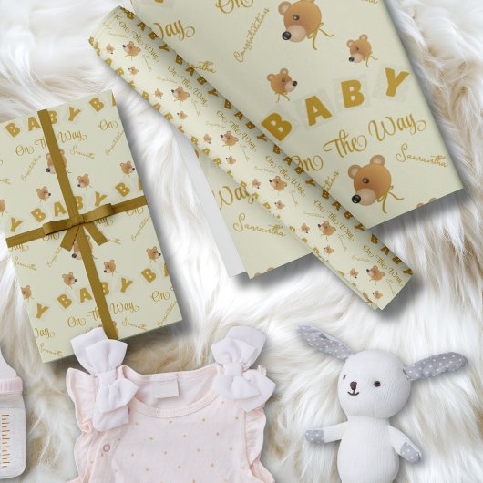 Teddy Bear With Gold Cream Text Baby Shower Cadeaupapier