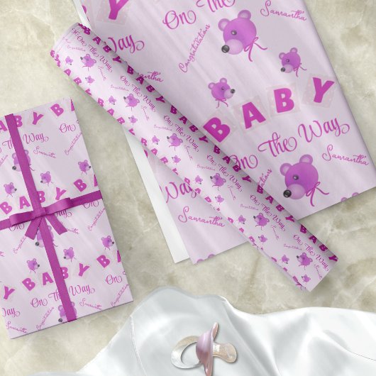 Teddy Bear With Pink Purple Text Baby Shower Cadeaupapier